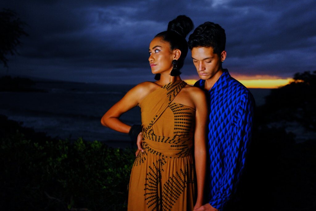 Male and female model wearing Manaola Clothing in various patterns and colors
