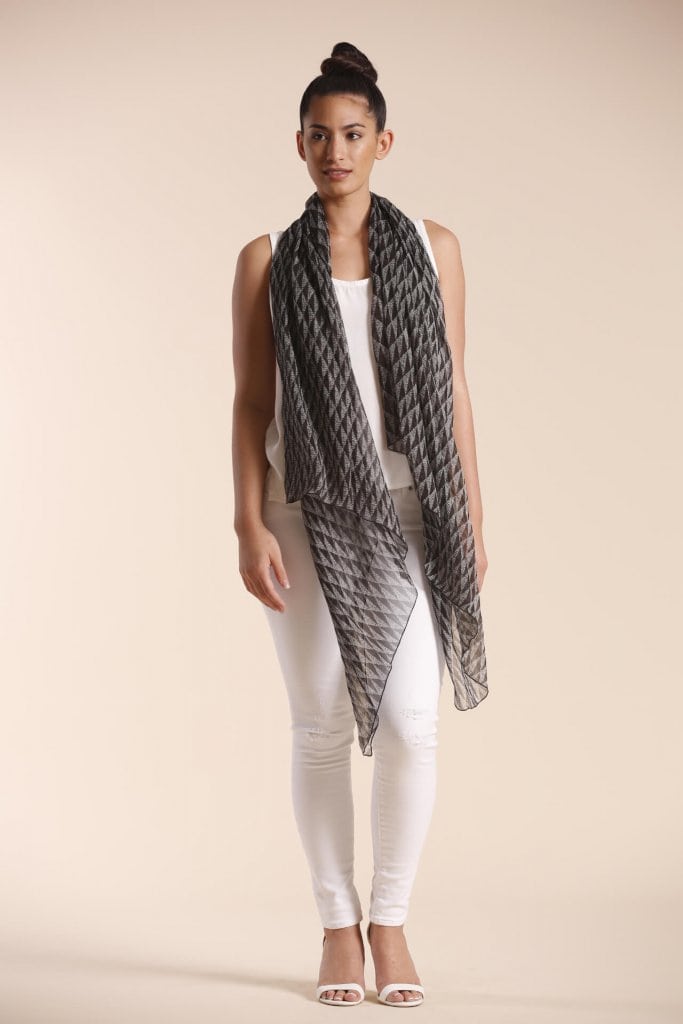 Female model wearing a black scarf