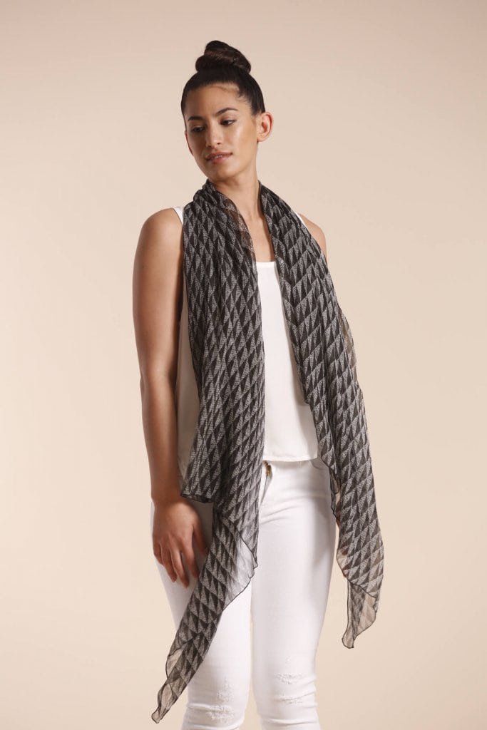 Female model wearing a black scarf