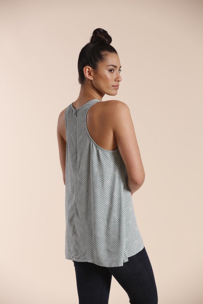 Female model wearing a Sleeveless Shirt in Grey - Back View