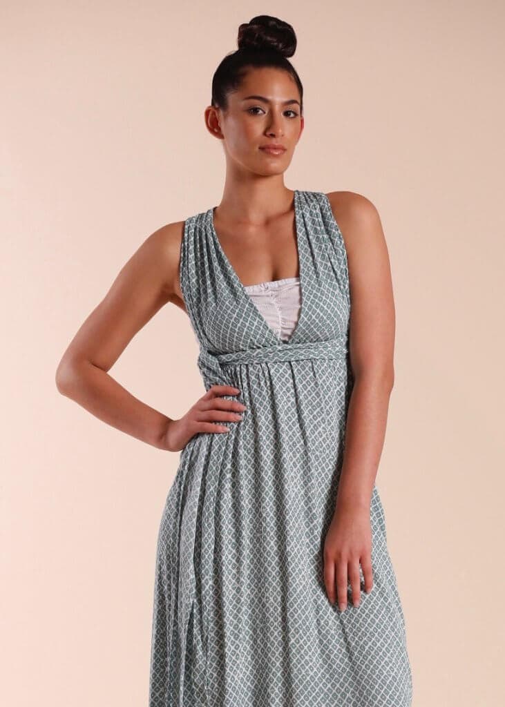 Female model wearing a Maxi Dress in light green - Front View