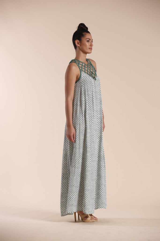 Female model wearing a Maxi Dress in light green - Front View