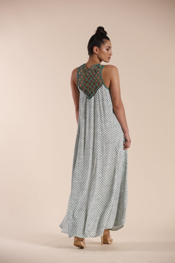 Female model wearing a Maxi Dress in light green - Back View