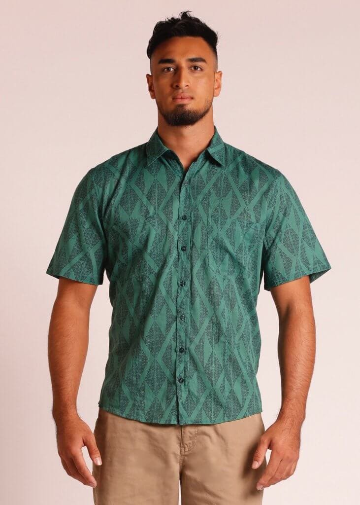 Male Model wearing Short Sleeve Button Up Shirt in Dark Green - Front View