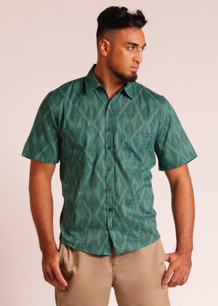 Male Model wearing Short Sleeve Button Up Shirt in Dark Green - Front View