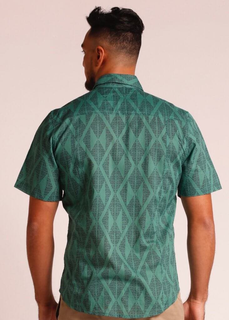 Male Model wearing Short Sleeve Button Up Shirt in Dark Green - Back View