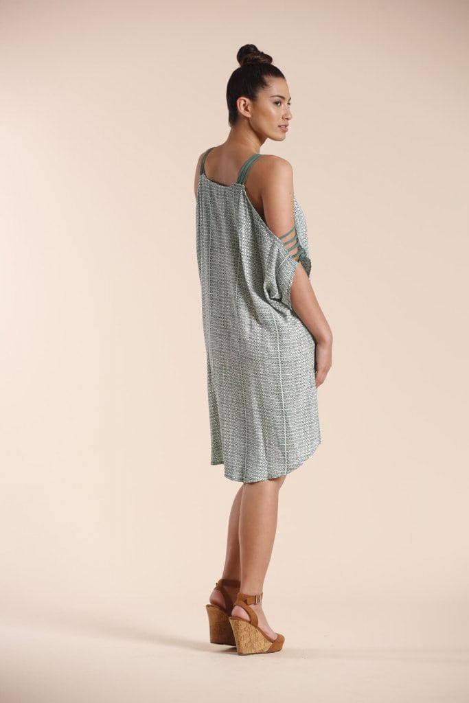 Female model wearing a sleeveless dress in sage green - Back View