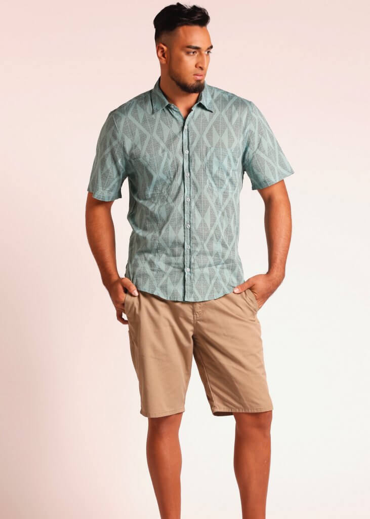 Male Model wearing Short Sleeve Button Up Shirt in Light Green - Front View