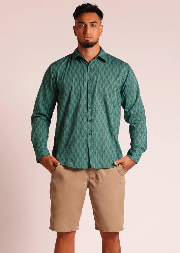 Male Model wearing Long Sleeve Shirt in Green - Front View
