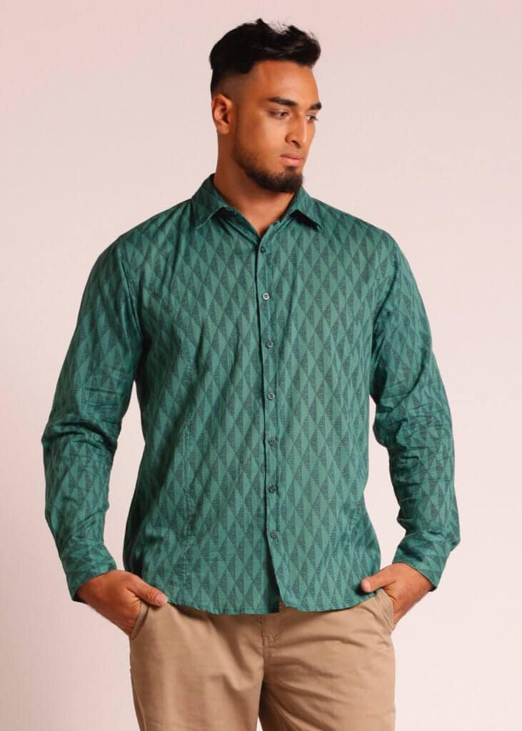 Male Model wearing Long Sleeve Shirt in Green - Front View