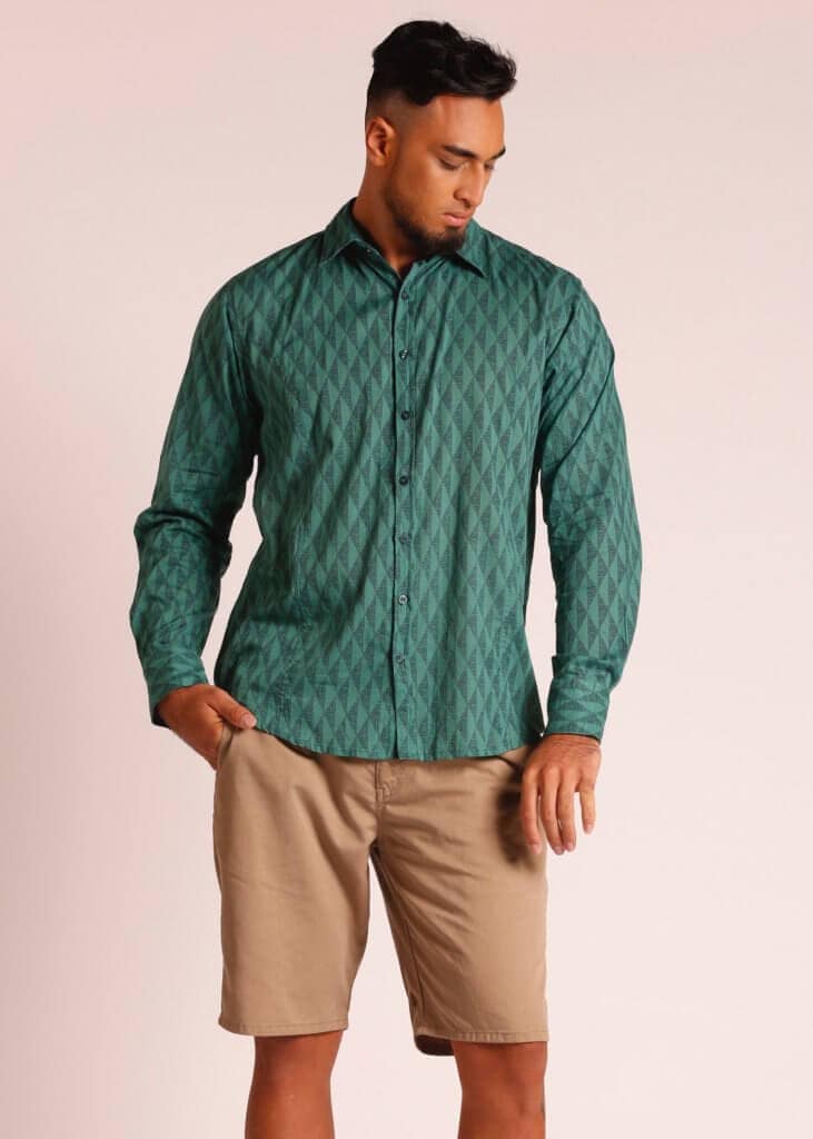 Male Model wearing Long Sleeve Shirt in Green - Front View