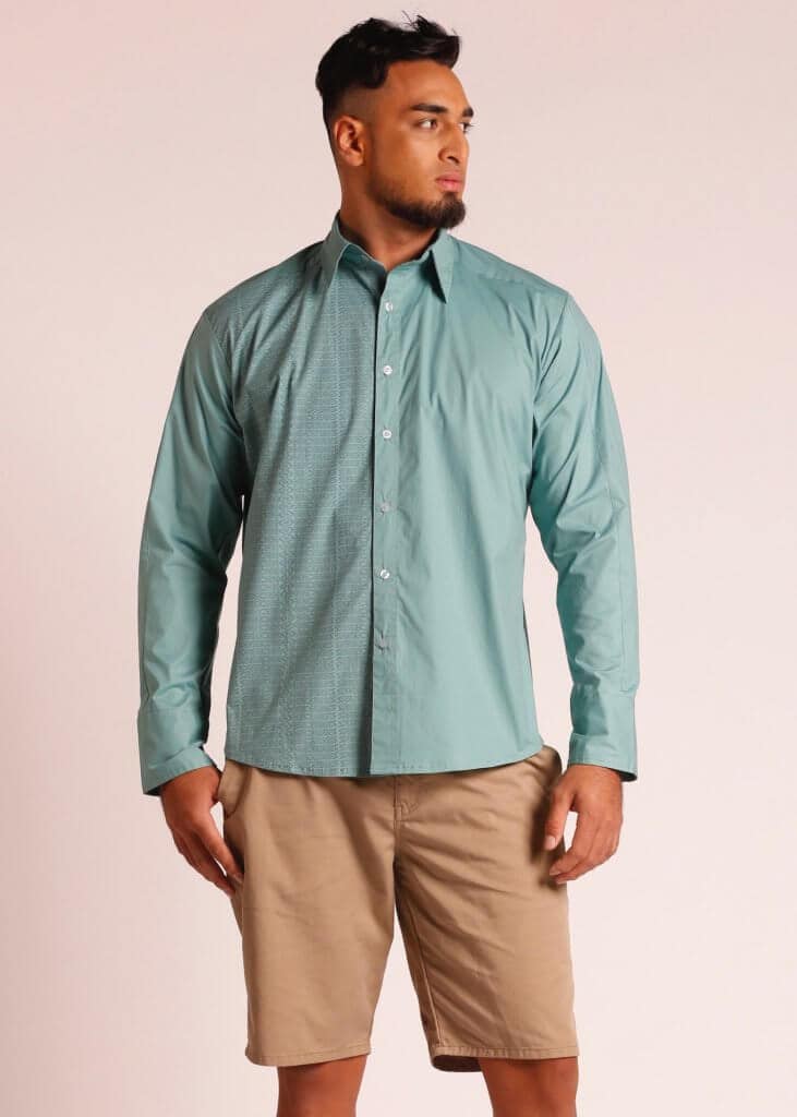 Male Model wearing Long Sleeve Button Up Shirt in Light Green - Front View