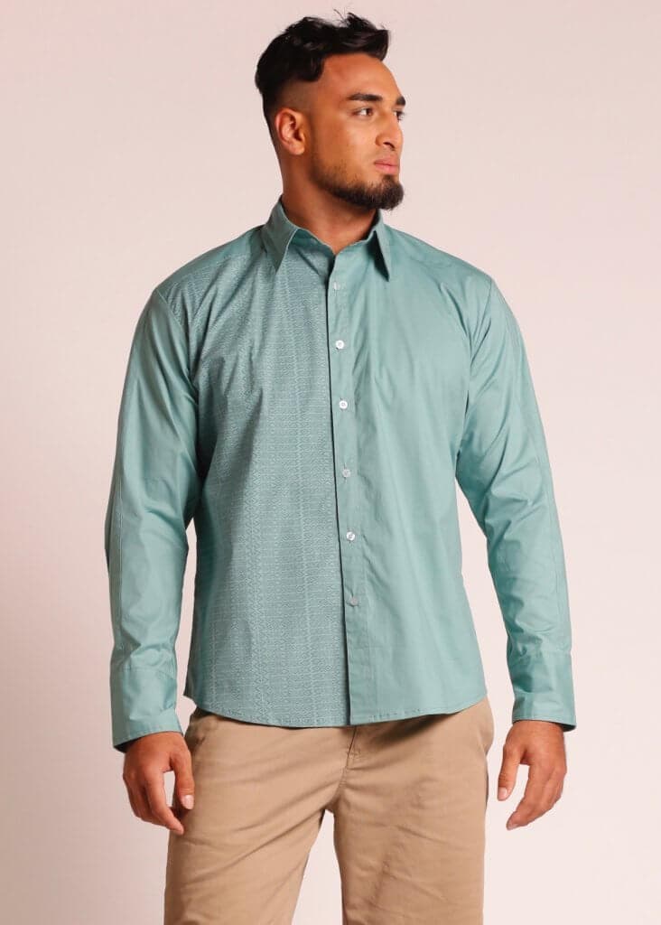 Male Model wearing Long Sleeve Button Up Shirt in Light Green - Front View
