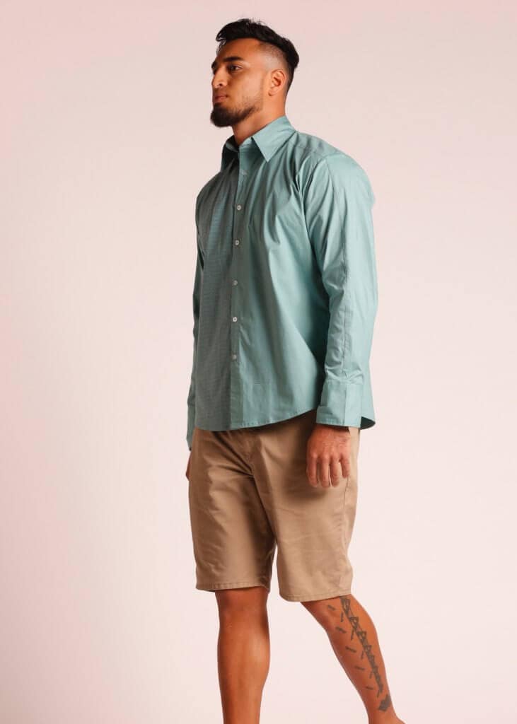 Male Model wearing Long Sleeve Button Up Shirt in Light Green - Front View