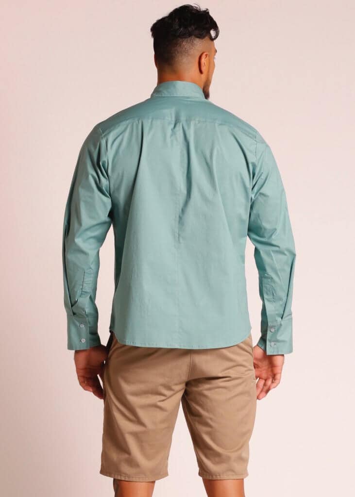 Male Model wearing Long Sleeve Button Up Shirt in Light Green - Back View