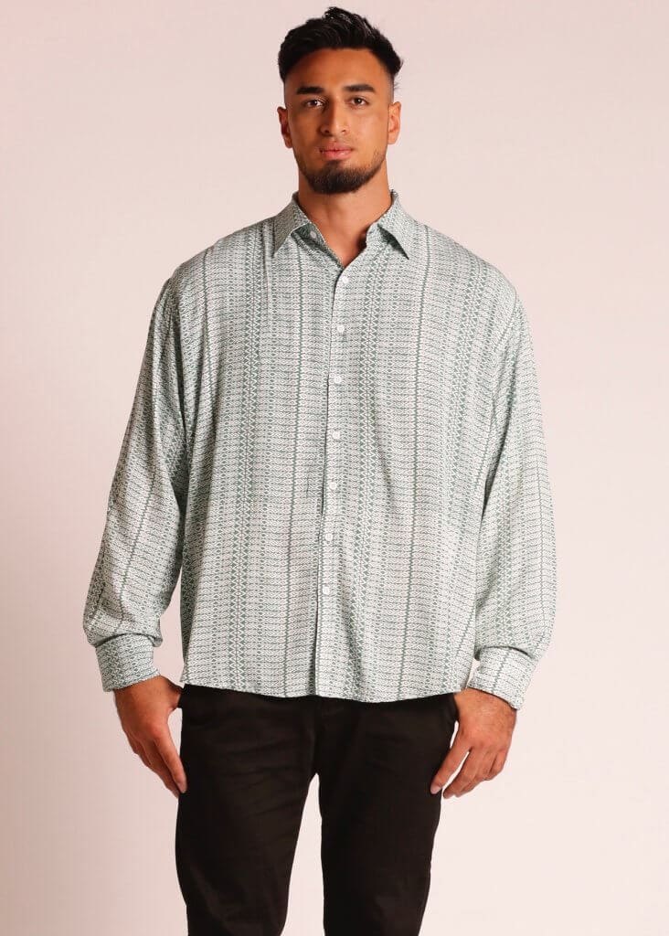 Male Model wearing Long Sleeve Button Up Shirt in White - Front View