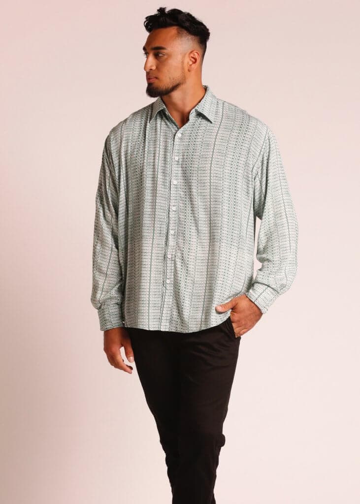 Male Model wearing Long Sleeve Button Up Shirt in Light Green - Front View
