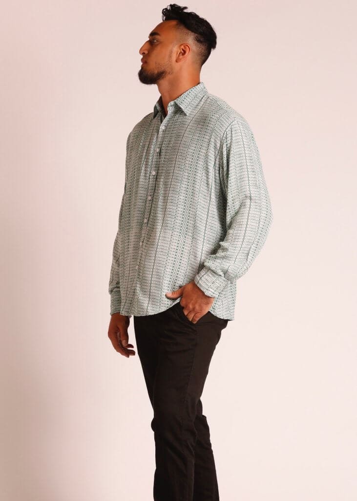 Male Model wearing Long Sleeve Button Up Shirt in Light Green - Front View