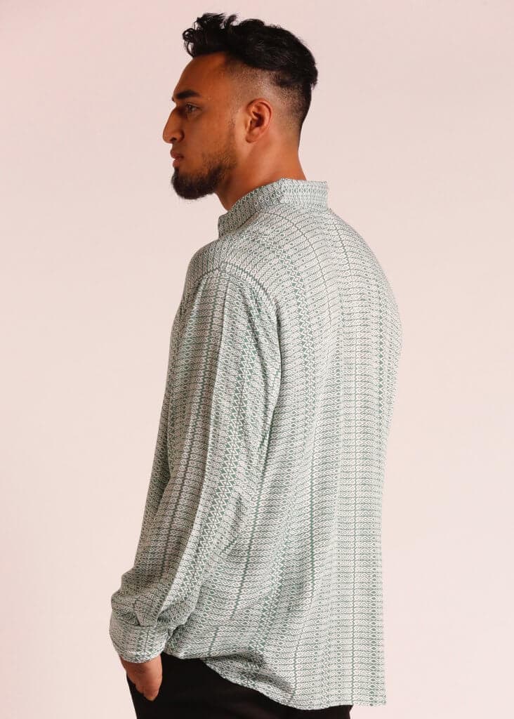 Male Model wearing Long Sleeve Button Up Shirt in Light Green - Side View