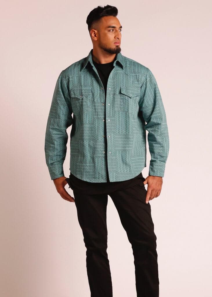 Male Model wearing Long Sleeve Button Up Shirt in Green - Front View