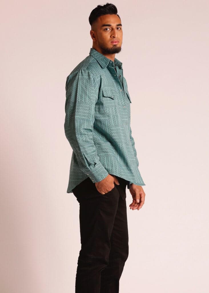 Male Model wearing Long Sleeve Button Up Shirt in Green - Side View