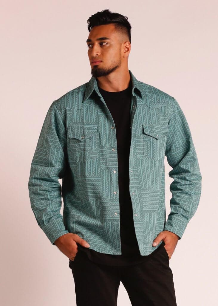 Male Model wearing Long Sleeve Button Up Shirt in Green - Front View
