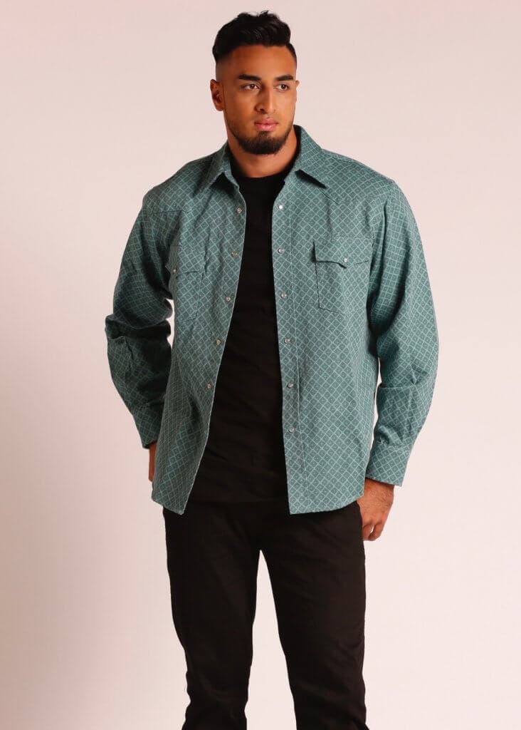 Male Model wearing Long Sleeve Button Up Shirt in Green - Front View