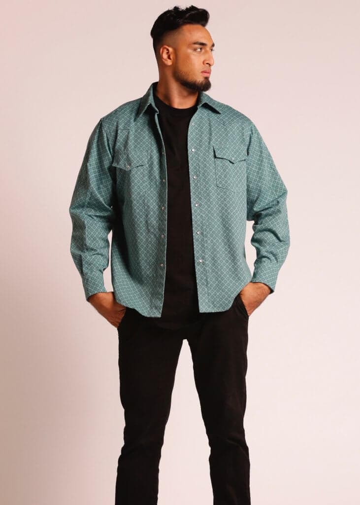 Male Model wearing Long Sleeve Button Up Shirt in Green - Front View