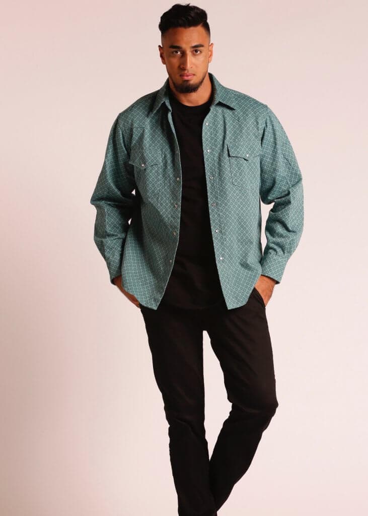 Male Model wearing Long Sleeve Button Up Shirt in Green - Front View