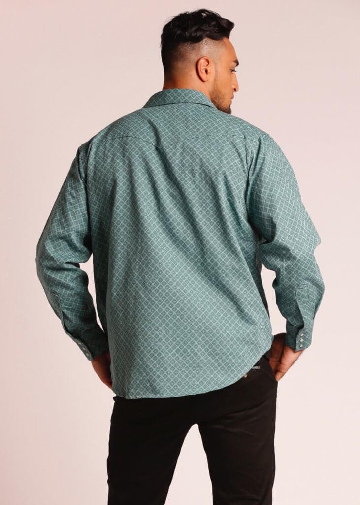 Male Model wearing Long Sleeve Button Up Shirt in Green - Back View