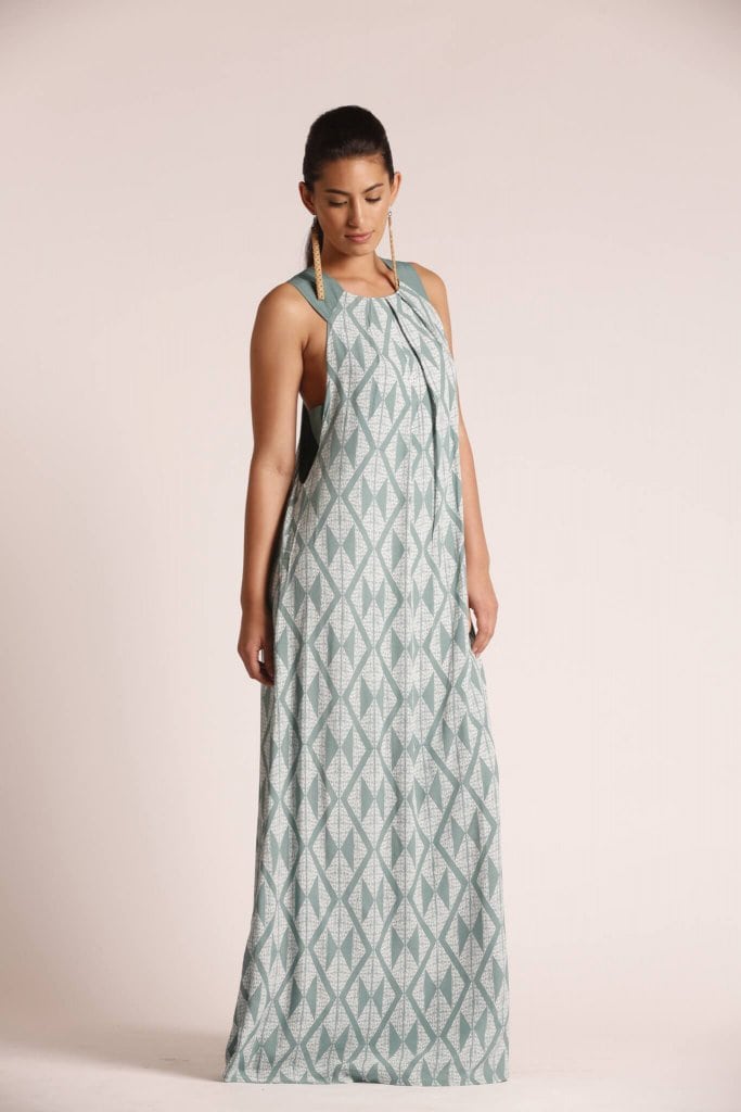 Female model wearing a Sleeveless Maxi Dress in sage green - Front View