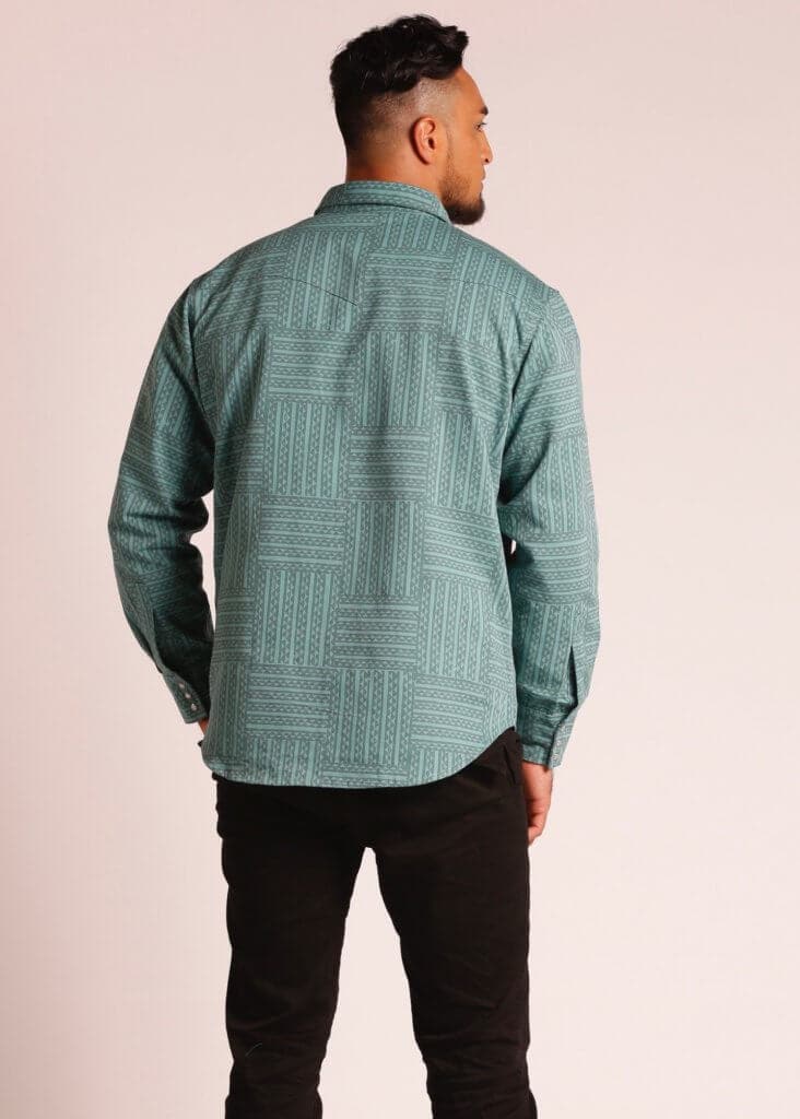 Male Model wearing Long Sleeve Button Up Shirt in Green - Back View