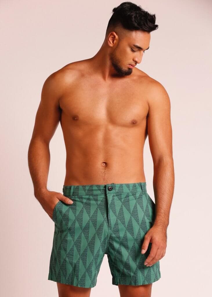 Male Model wearing Shorts in Dark Green - Front View