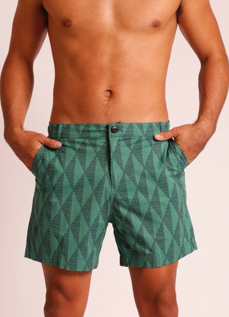 Male Model wearing Shorts in Dark Green - Front View