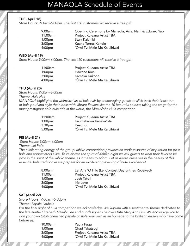 Manaola Schedule of Events