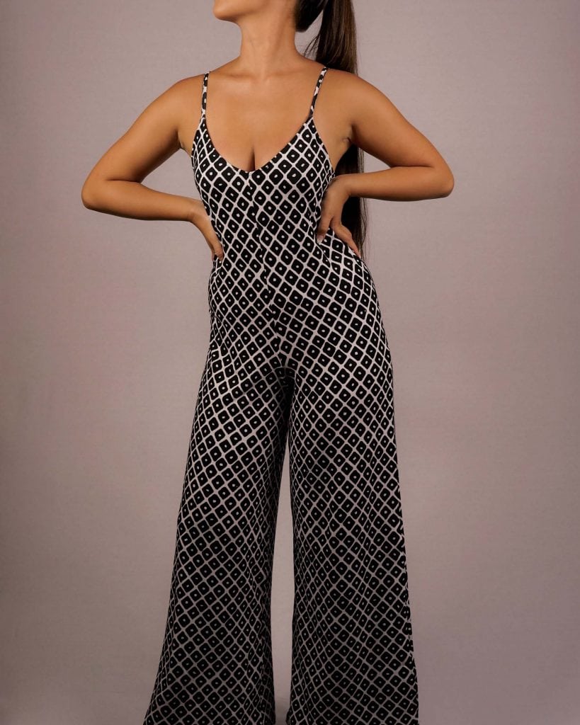 Female model waring Jumpsuit in Black/White - Front View