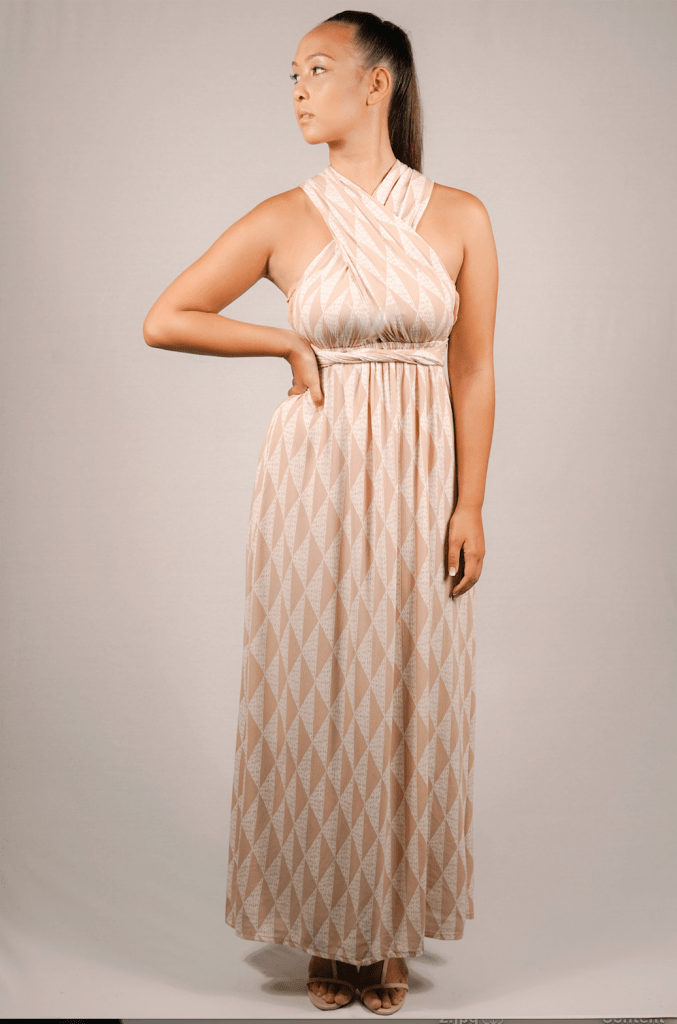 Female model wearing Peach Wrap Dress - Front View