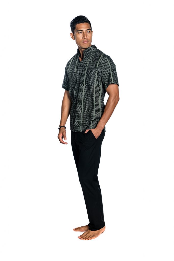 Male model wearing Aloha SS Shirt in Grey - Side View