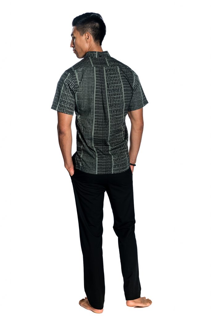 Male model wearing Aloha SS Shirt in Grey - Back View