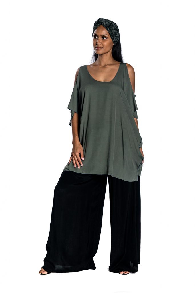 Female model wearing Open Shoulder Shirt in Solid Grey - Front View