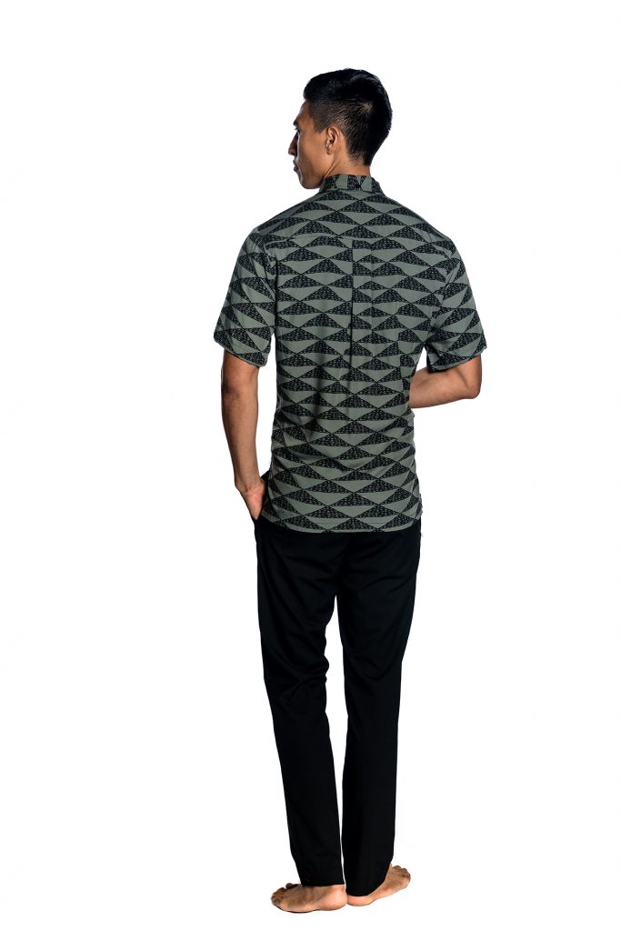 Male model wearing Aloha Shirt in Black and Grey - Back View