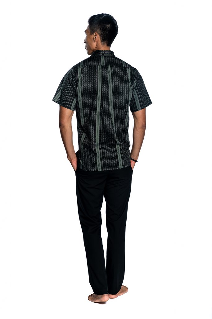 Male model wearing Aloha Shirt in Black/Grey - Back View