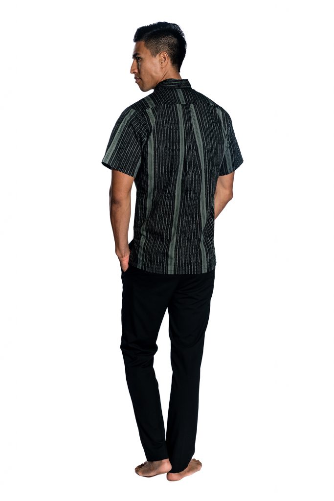 Male model wearing Aloha Shirt in Black/Grey - Back View