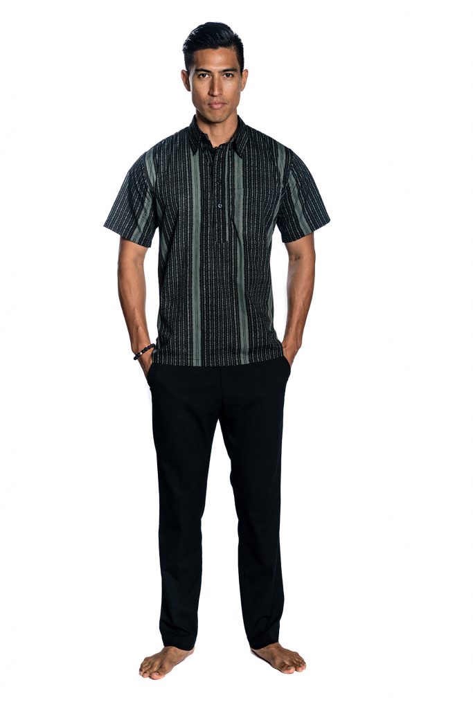 Male model wearing Aloha Shirt in Black/Grey - Front View
