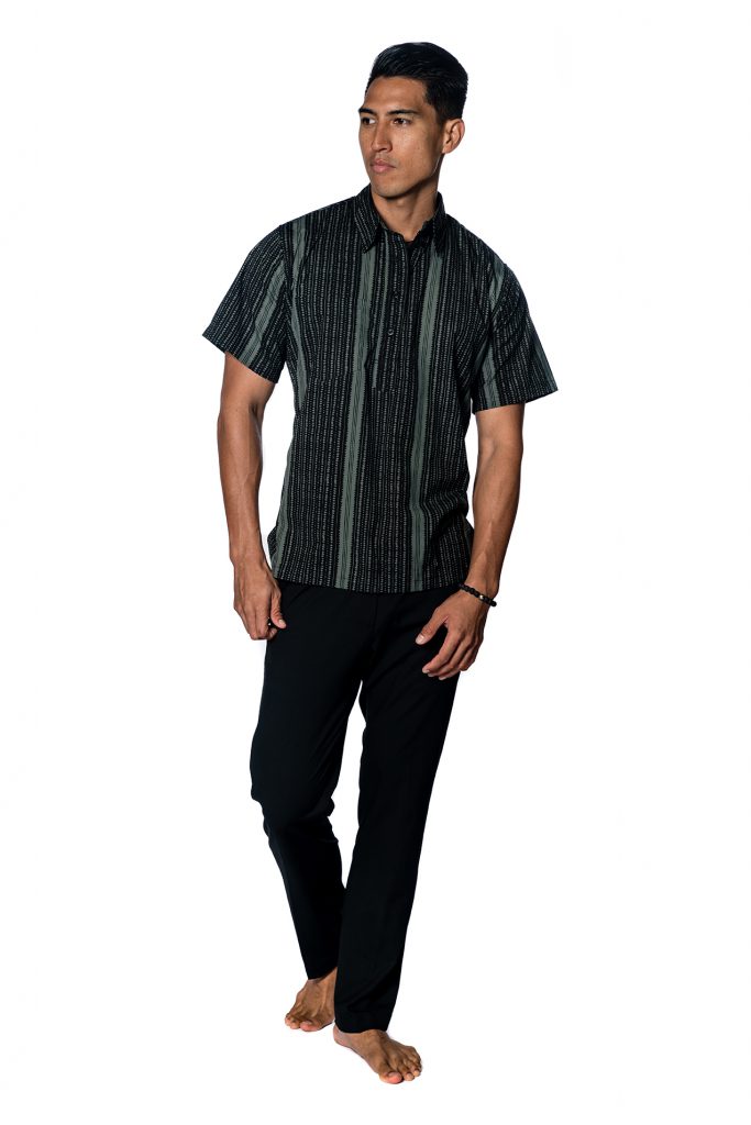 Male model wearing Aloha Shirt in Black/Grey - Front View