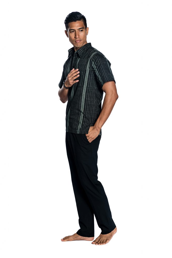 Male model wearing Aloha Shirt in Black/Grey - Side View
