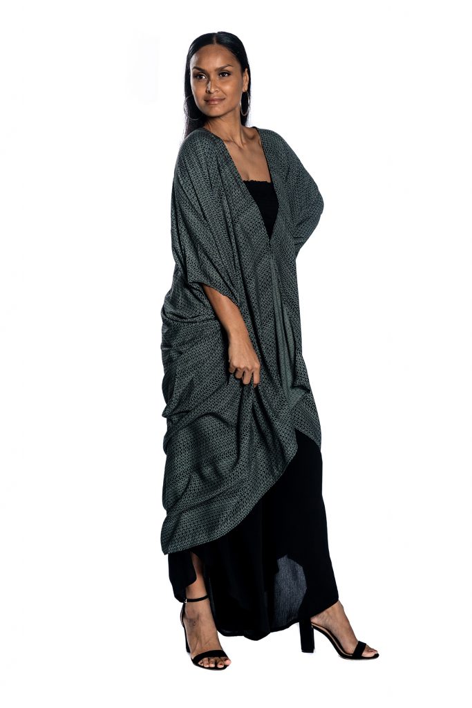 Female model wearing Black and Grey Shawl - Side View