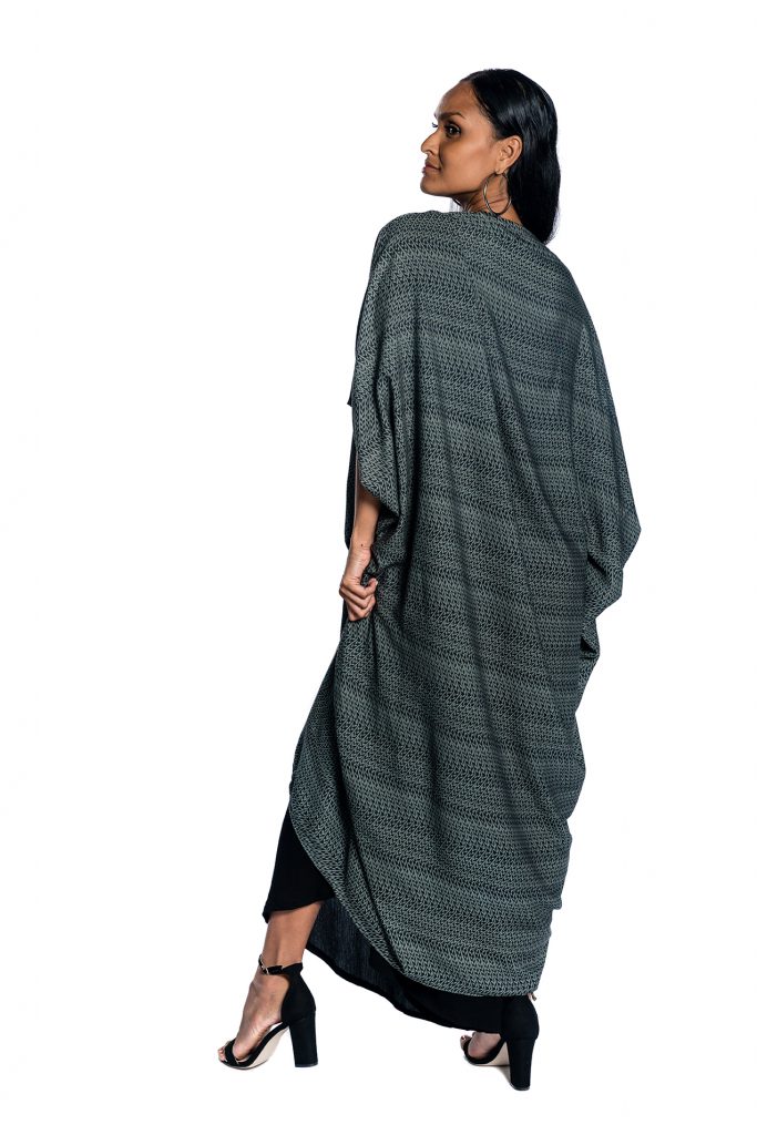 Female model wearing Black and Grey Shawl - Back View