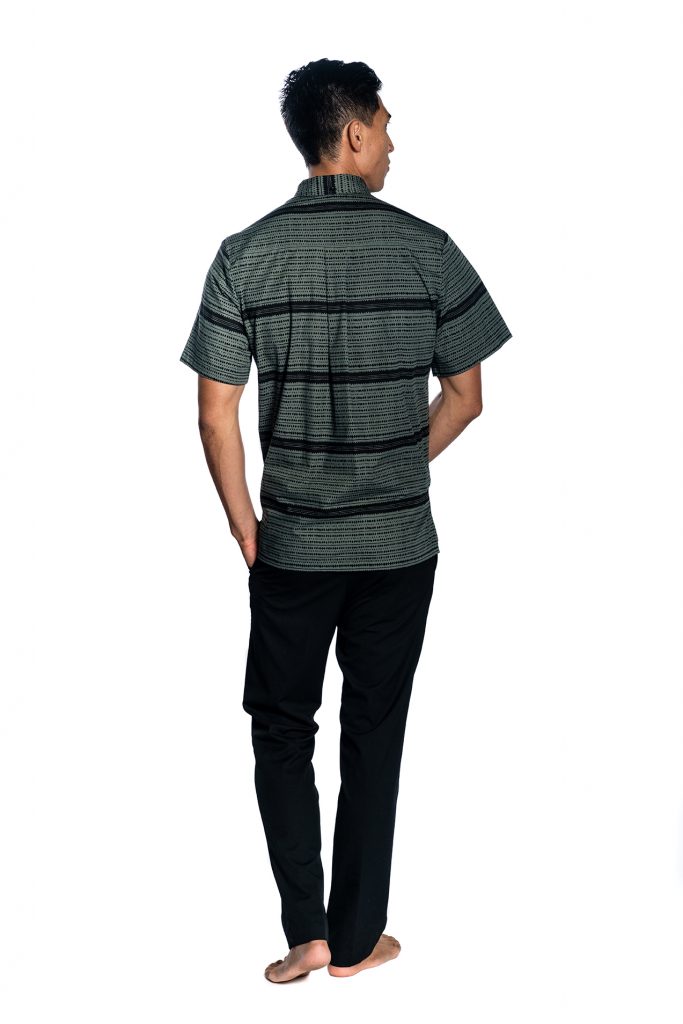 Male model wearing Aloha Shirt in Grey/Black - Back View