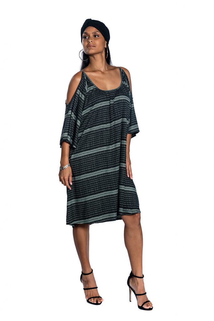 Female model wearing Black and Grey Dress - Front View